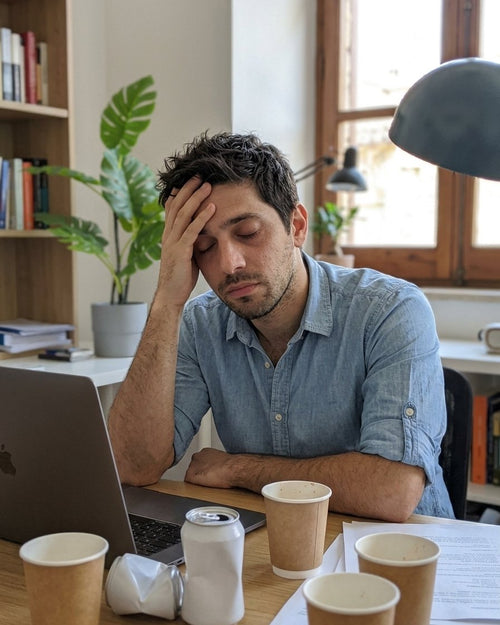 Cansado en el escritorio, con tres vasos de café vacíos y una lata