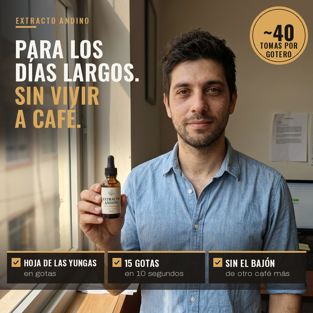 Extracto Andino: para los días largos, sin vivir a café. Hoja de las Yungas en gotas, 15 gotas debajo de la lengua, unas 40 tomas por gotero