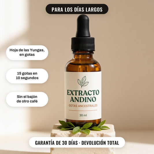 Extracto Andino, gotero de 30 ml: hoja de las Yungas en gotas, 15 gotas en 10 segundos, sin el bajón de otro café. Garantía de 30 días