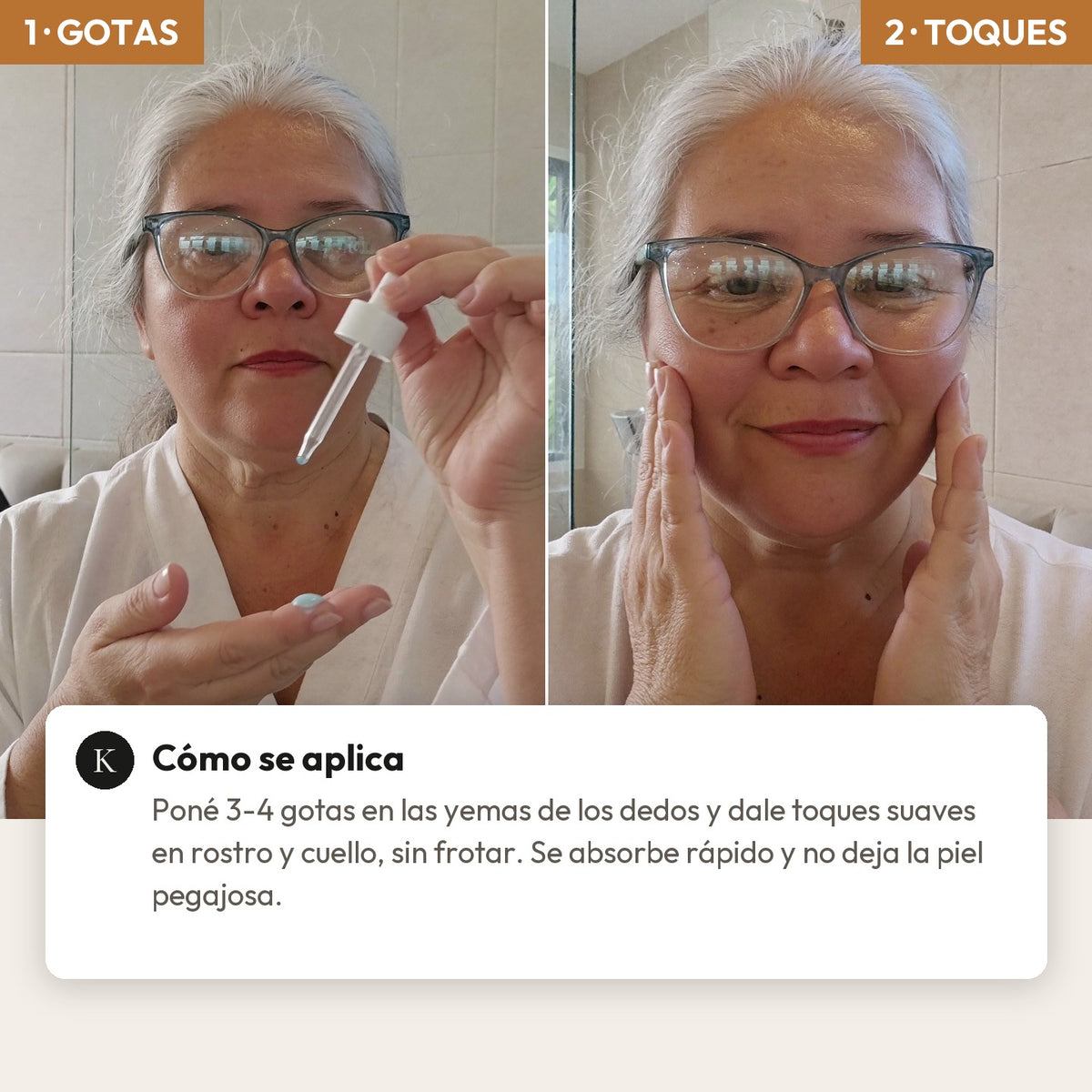 Cómo se aplica KORE: gotas en las yemas y toques suaves
