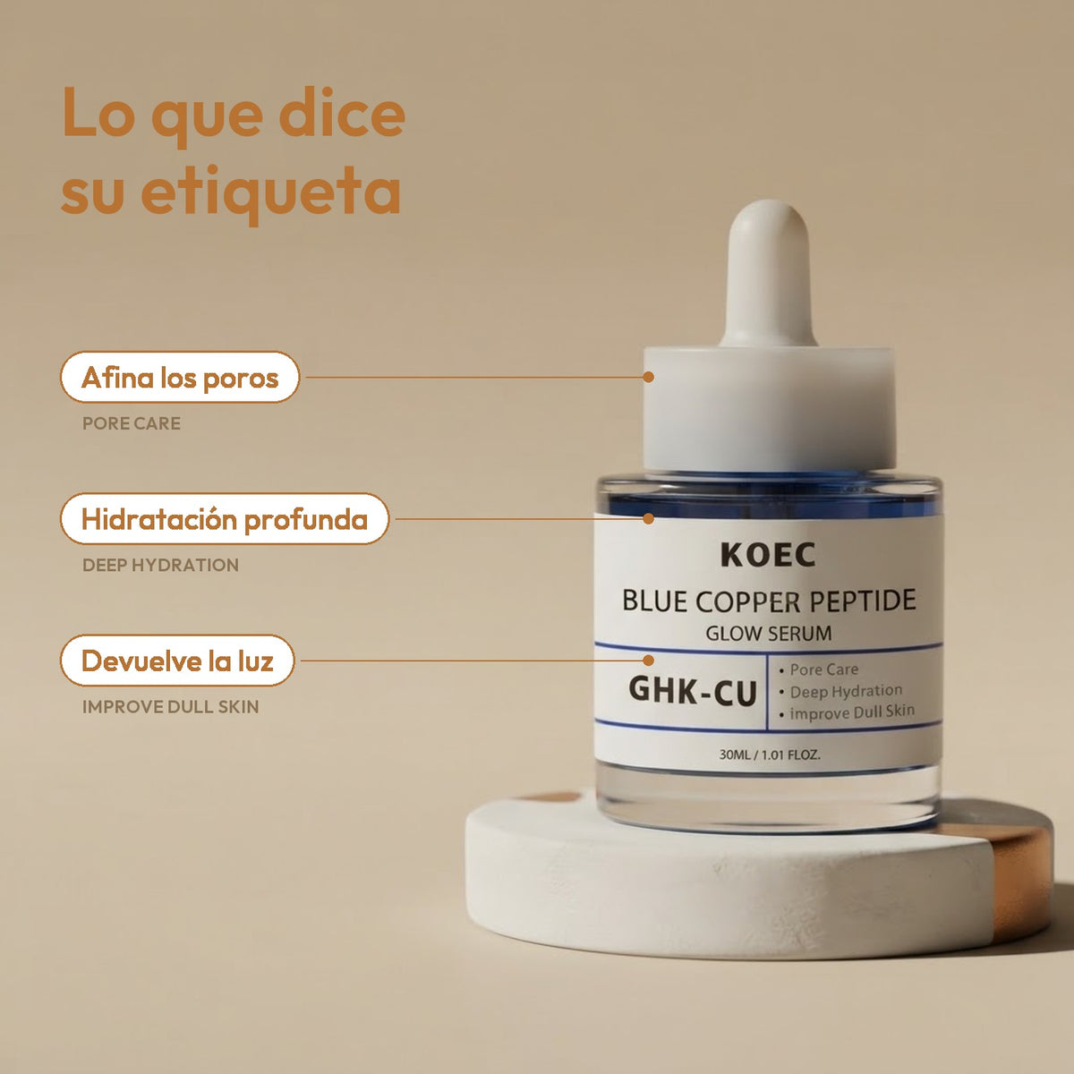 Lo que dice la etiqueta de KORE: poros, hidratación y luminosidad
