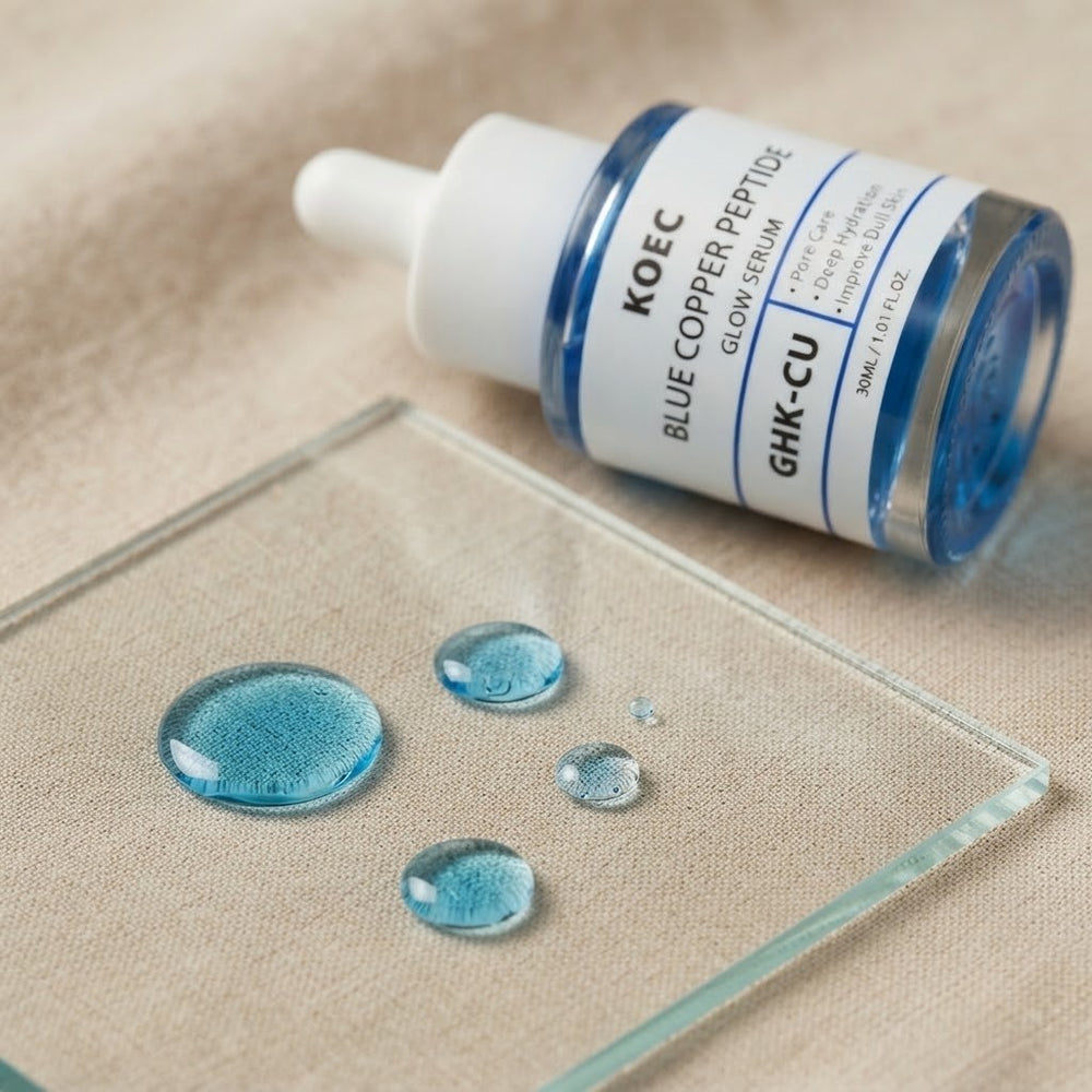 Gotas azules del sérum sobre vidrio