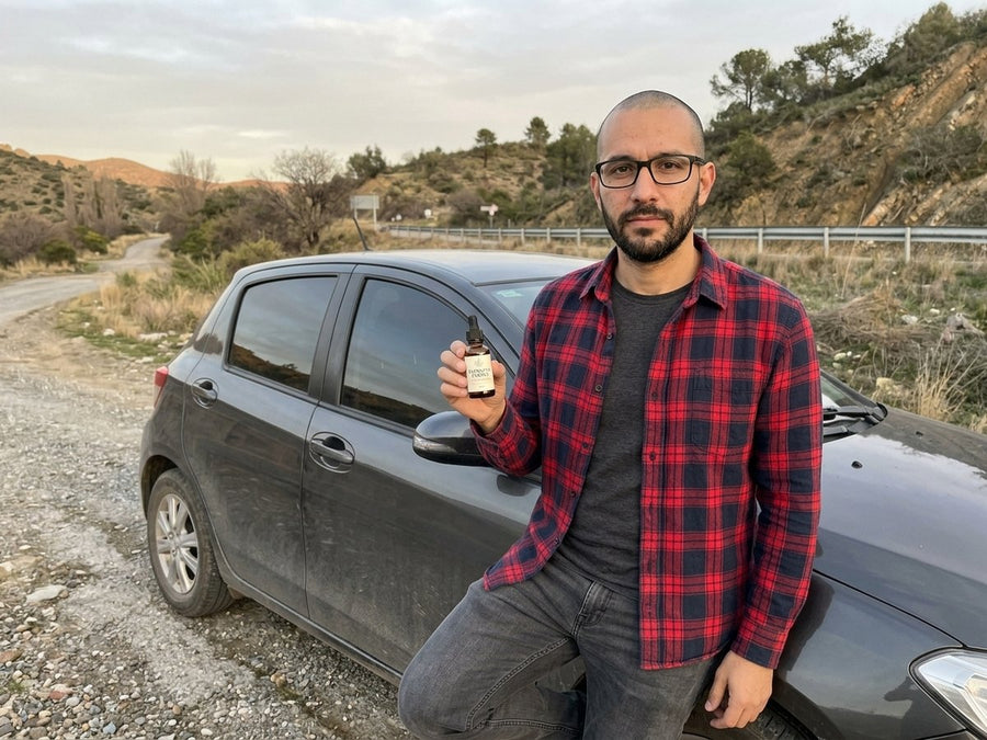 Parado al costado de la ruta, con el gotero en la mano