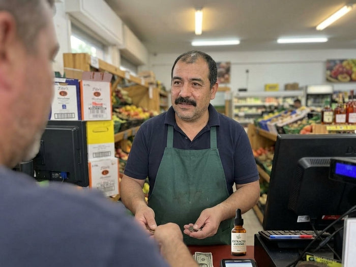 Atendiendo el almacén, con el gotero sobre el mostrador