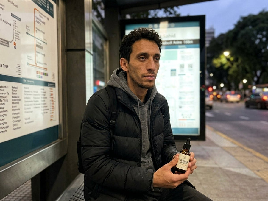 Esperando el colectivo, con el gotero en la mano